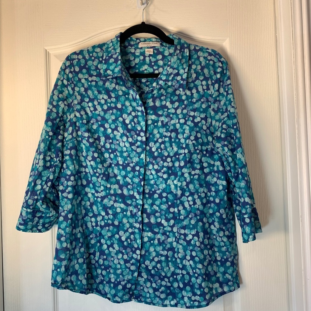 Coldwater Creek Blue Turquoise Circle‎ Lightweight Print Blouse 3/4 Sleeves L 14